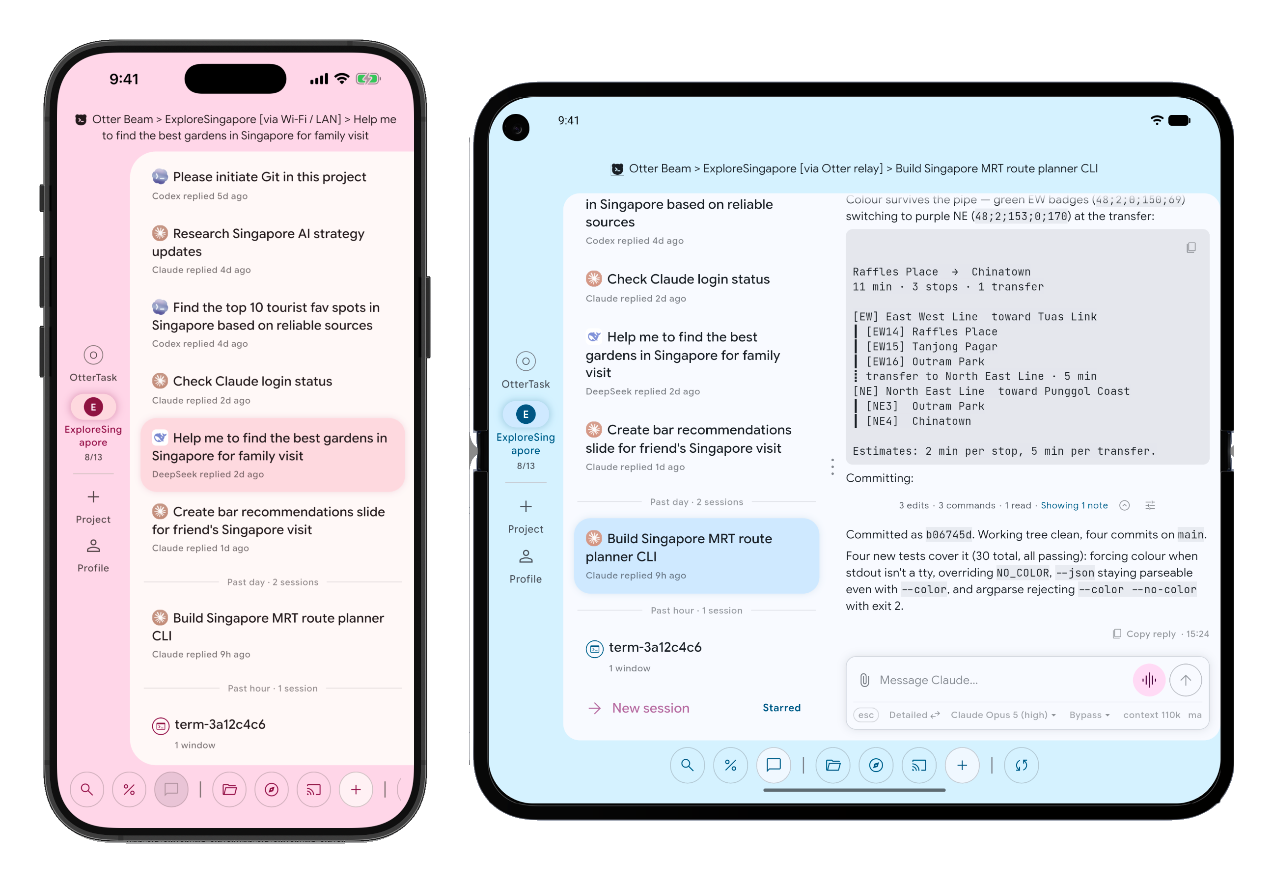 Otter Beam on a phone and a foldable. The phone shows the session list; the larger screen shows the same project with a session open beside it.